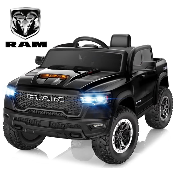 RAM 1500 Ride on Car Toy for Kids, 12V Powered Ride on Truck Toy with Remote Control, 4 Wheel Suspension, Safety Belt, Music, Bluetooth, LED Lights, Electric Cars for 3-5 Yrs Boy Girl, Black