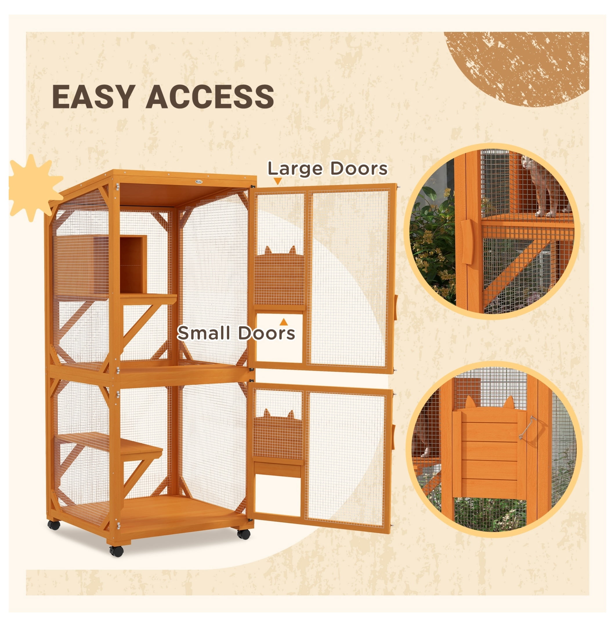 Cat House Outdoor Indoor, 71" Wooden Catio Enclosure, Large Cat Condo with Asphalt Roof & Wheels, for 1-3 Cats - Orange
