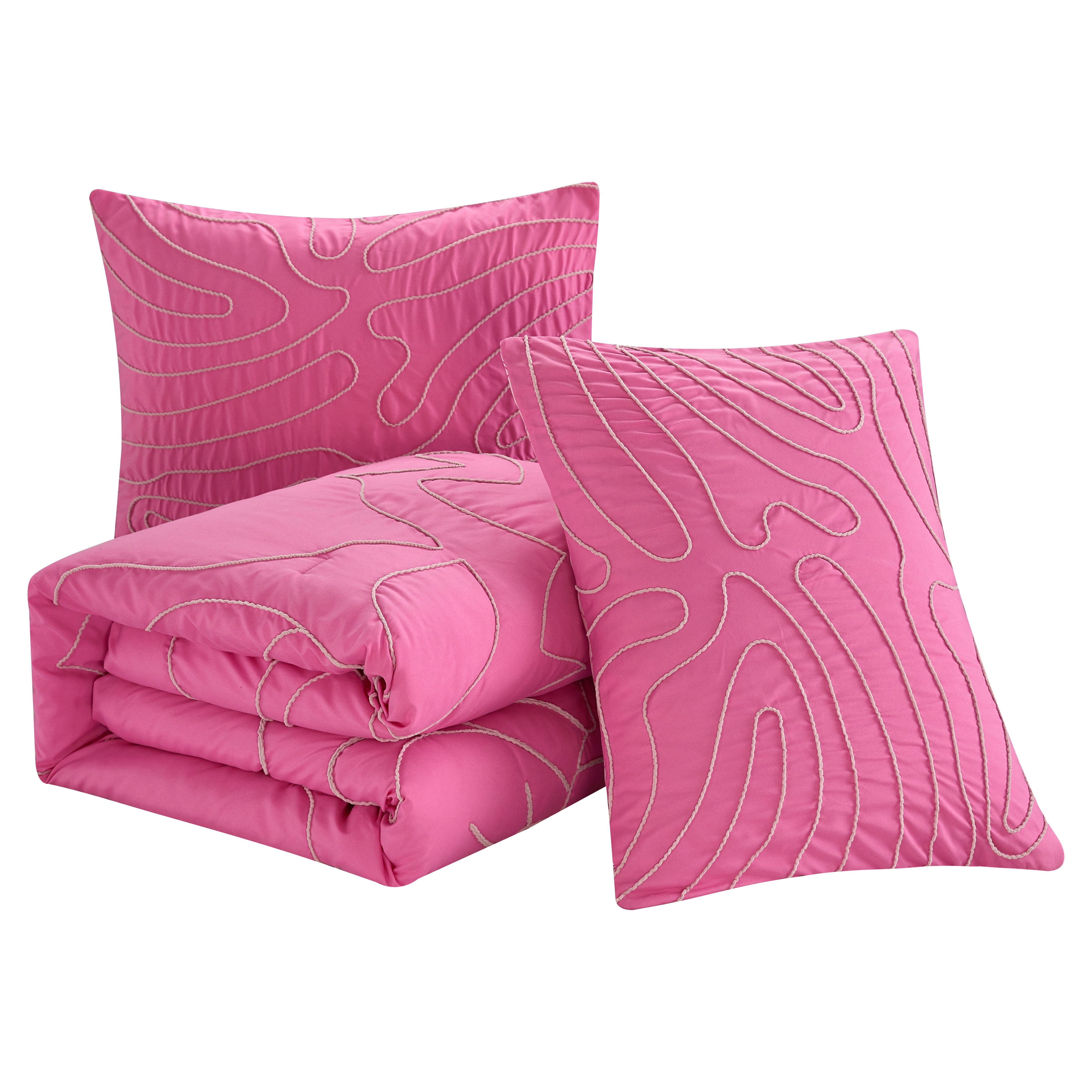 Room Revival 3-Piece Kids Comforter Set with Tufted Embroidery, Pink Flowers and Waves, Full/Queen