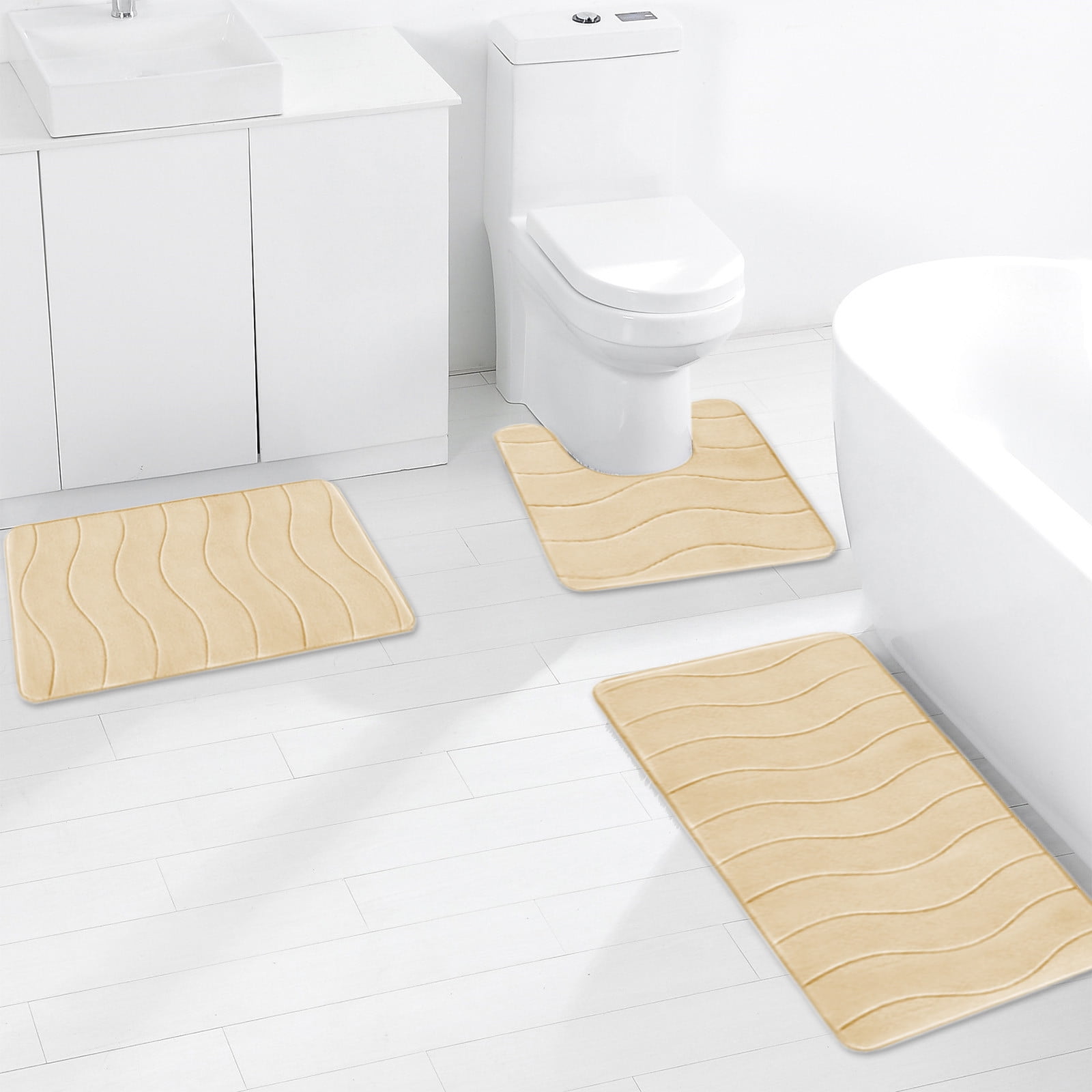 Beautynvta Memory Foam Bath Mat Set, 3 Pieces Quick-Dry Absorbent Bath Mats and U-Shaped Contour Rug for Bathroom, Non-Slip and Soft Comfortable, Beige