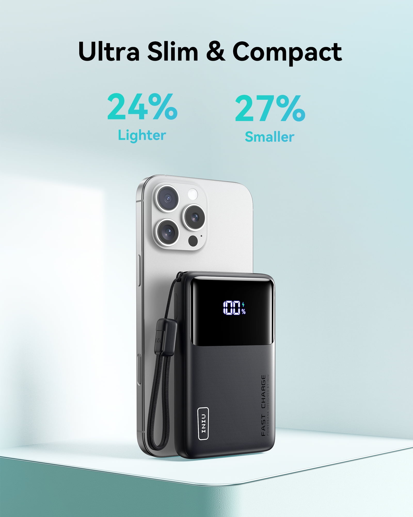 INIU 10,000 mAh Portable Power Bank with USB-C Cable, 45W Fast Portable Charger, Battery Pack with LED Display Compatible with iPhone and Android Phone,Hiking,Travel Essentials, Black