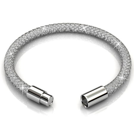 7 18K White Gold Plated Mesh Bangle Bracelet with Magnetic Clasps and High Quality Crystals by Matashi