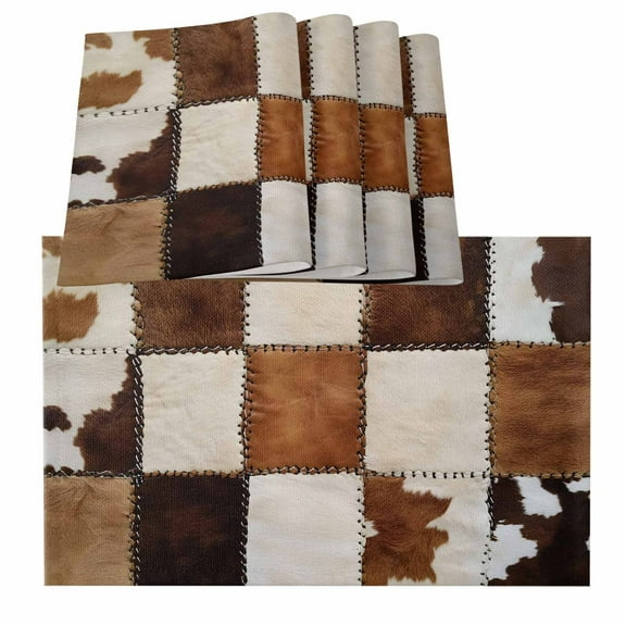 Abstract Cowhides Placemats for Dinning Table Set of 4, Brown Beige Animal Fur Texture Burlap Kitchen Place Mats Waterproof Cloth Table Mats, Indoor Outdoor Placemats Easy Clean Dinner Decor