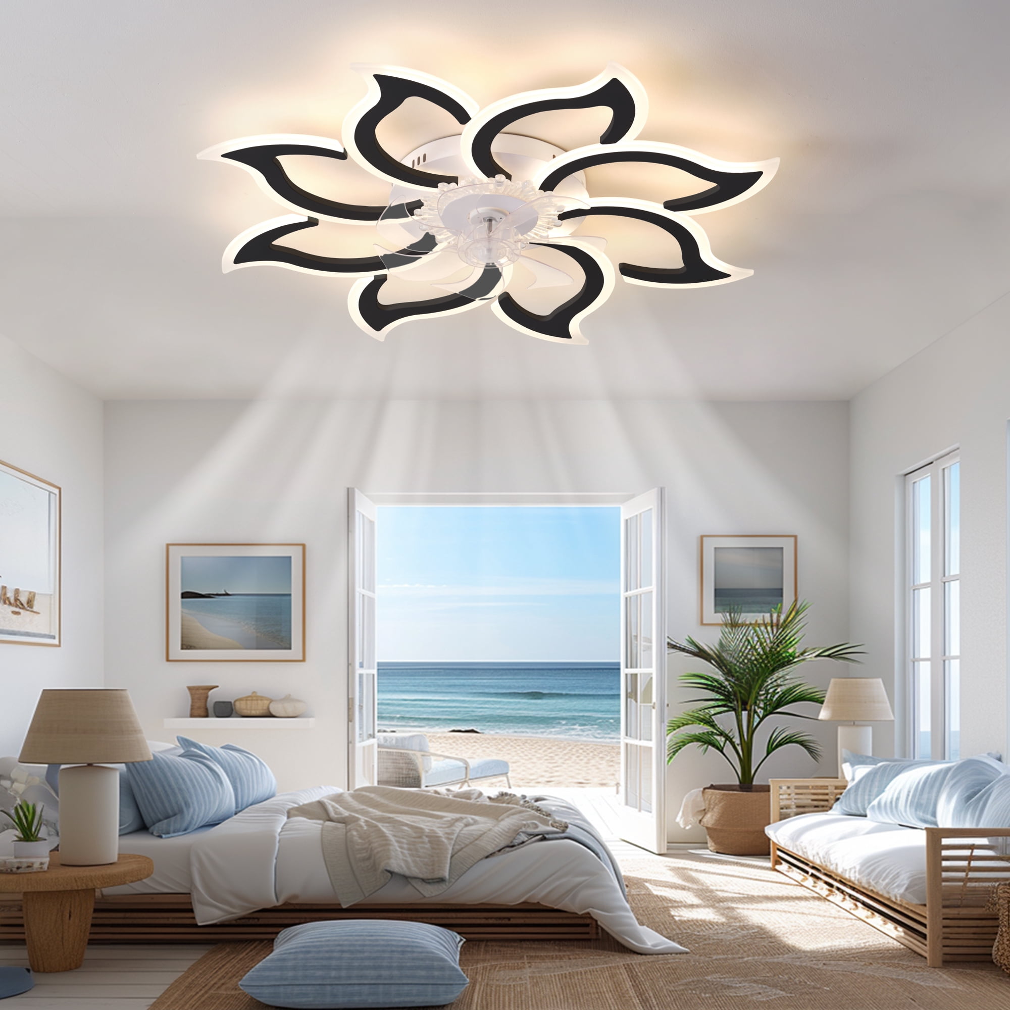 Eowynic 37-Inch Modern Black Ceiling Fan with Lights – Remote Control, Flower-Shaped Chandelier, 3 Color Temperatures, 6-Speed, Flush Mount