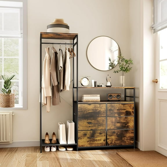 Heavy Duty Garment Rack with Fabric Drawers and LED Light, Freestanding Portable Closet Wardrobe Systems with Shelves for Bedroom, Entryway, Apartment