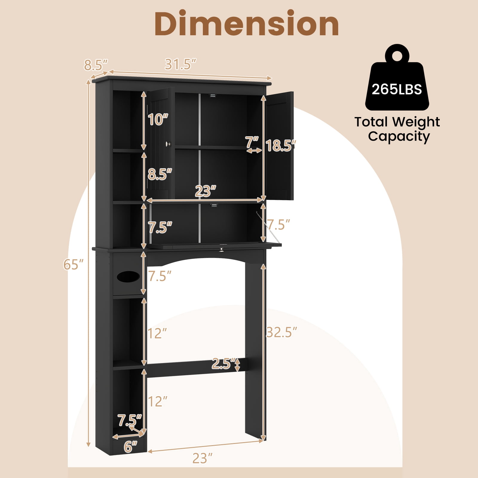 Costway Over the Toilet Storage Cabinet with 2 Doors, Adjustable Shelf & Bottom Bar, Black