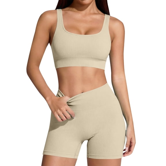 GILIGEGE Two Piece Workout Sets for Women Ribbed Tank Crop Tops Seamless High Waist Booty Biker Shorts Athletic 2 Piece Summer Outfits Seamless Yoga Outfits Lounge Matching Gym Clothing Set Beige