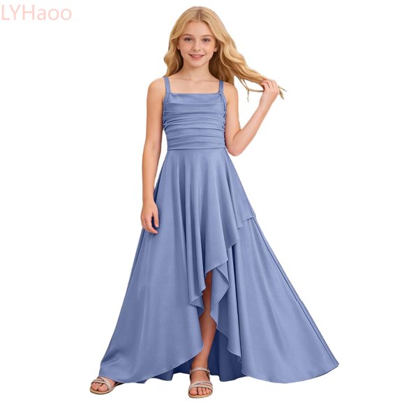 LYHaoo Girls Party Dress With Ruffled Tiered Hem And Strapless Crinkle Waist Design For,Girls Casual Dresses Sizes 6-7 Years Blue