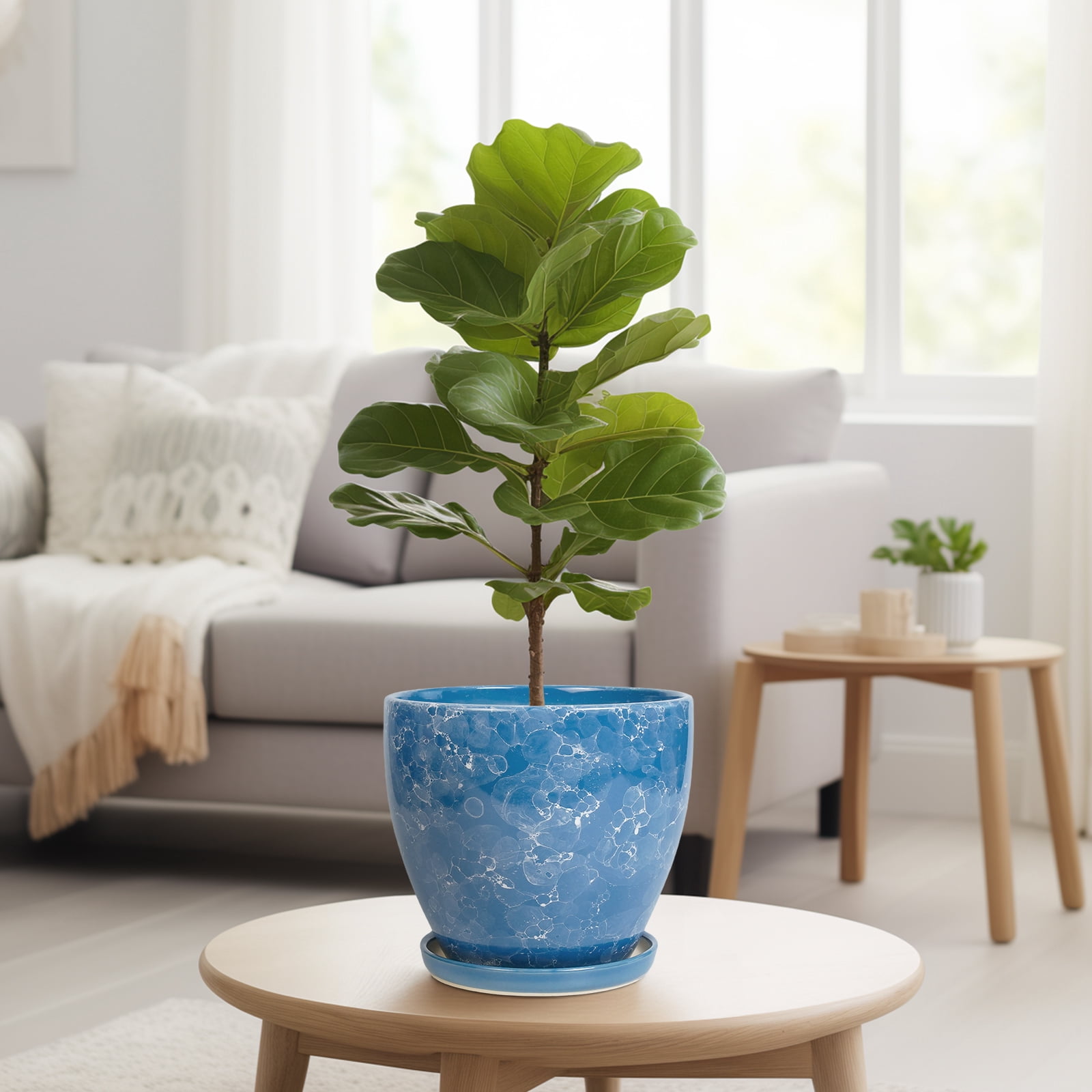 EPFamily 8 inch Blue Mottled Glaze Ceramic Planter with Drainage Hole and Saucer – Indoor Outdoor Pot for Succulents, Cacti, Houseplants