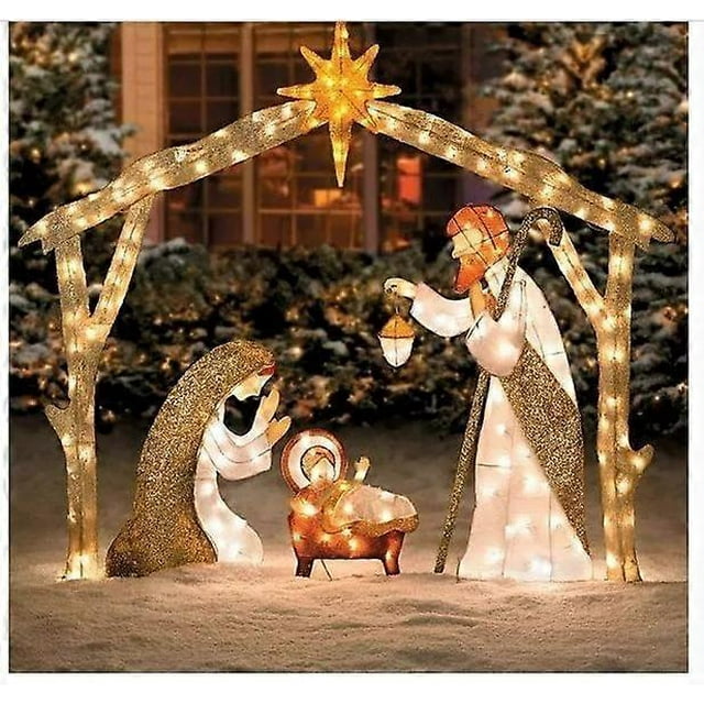 outdoor nativity scene with lights, christmas holy family yard decoration, christmas outdoor christmas set, easter decoration — frontal view of metal silhouette nativity illuminated with warm white string lights; Mary, Joseph and baby Jesus in a manger under an illuminated north star and simple wooden-look stable, includes sheep and donkey, size 25×20 cm, suitable for anchoring to lawn, often used as seasonal yard décor.