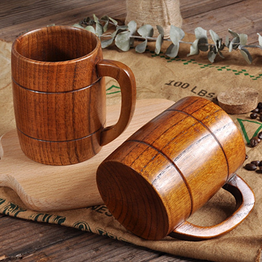 CTIGERS Wooden Coffee Beer Mugs Wood Cup Nature Jujube Mug Handmade Tea Cup  with Handle 10 oz / 300ml