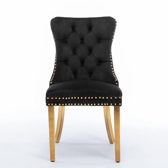 Newboti Furniture Nikki Collection Modern, High-end Tufted Solid Wood Contemporary Velvet Upholstered Dining Chair with Golden Stainless Steel Plating Legs,Nailhead Trim,Set of 2，Black and Gold 80040