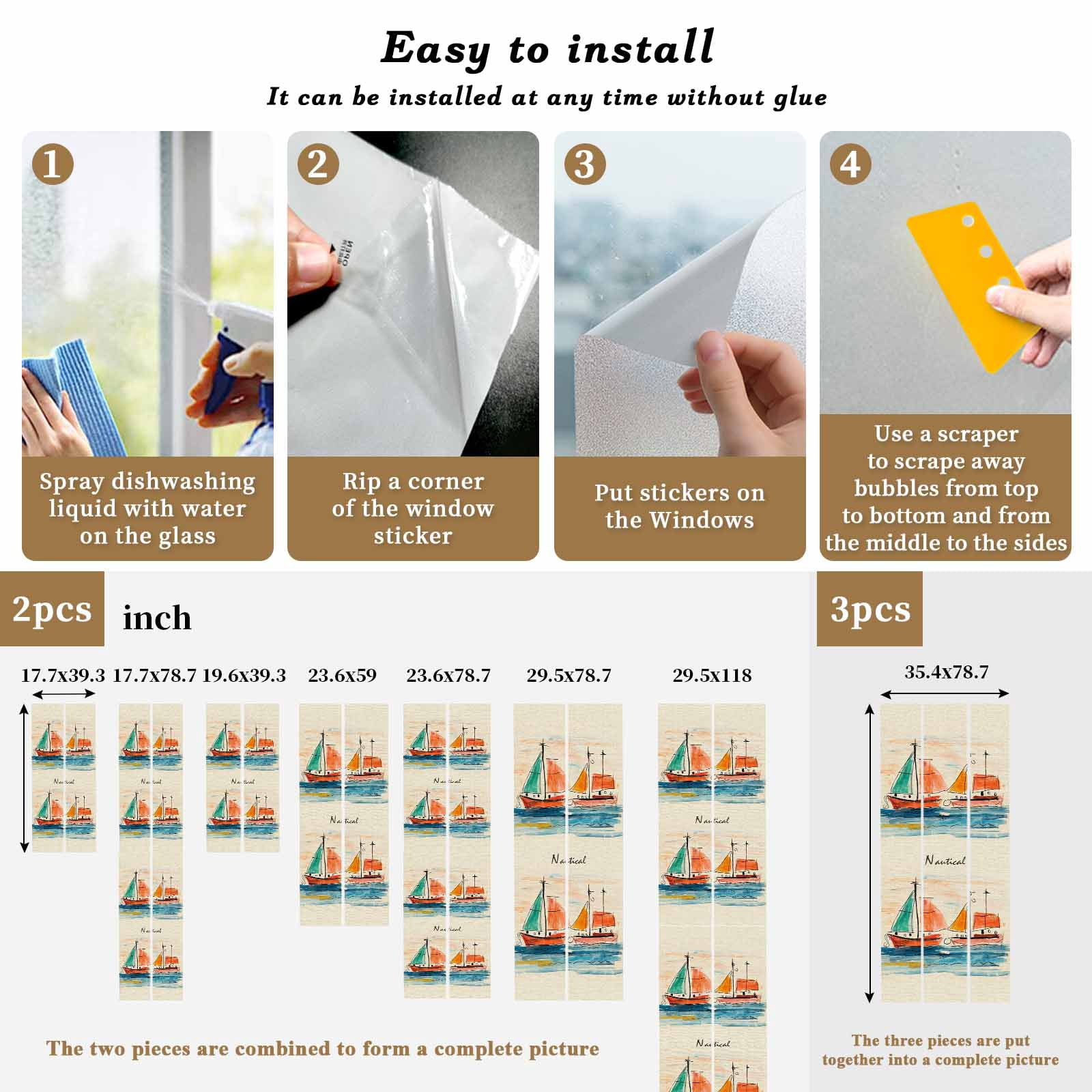 Nautical Boat, Window Privacy Film, Coastal Sailing Ship Ocean Painted Sea Static Cling UV Sun Blocking Heat Control Window Tint, Non-Adhesive One Way Windows Privacy Cover 35.4''x78.7''