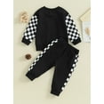 thumbnail image 4 of BblyThe 0-3T Toddler Baby Boys Fall Outfits Checkerboard Patchwork Long Sleeve Sweatshirts and Elastic Waist Pants Outfits, 4 of 9