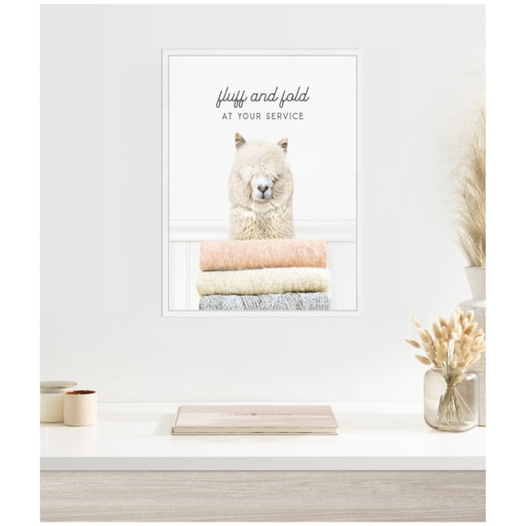 Kate and Laurel Alpaca Fluff and Fold Framed Canvas Wall Art by Amy Peterson 18 x 24 Sylvie White, Whimsical, Animals, Humor Art for Wall Decor, Living Room, Bedroom