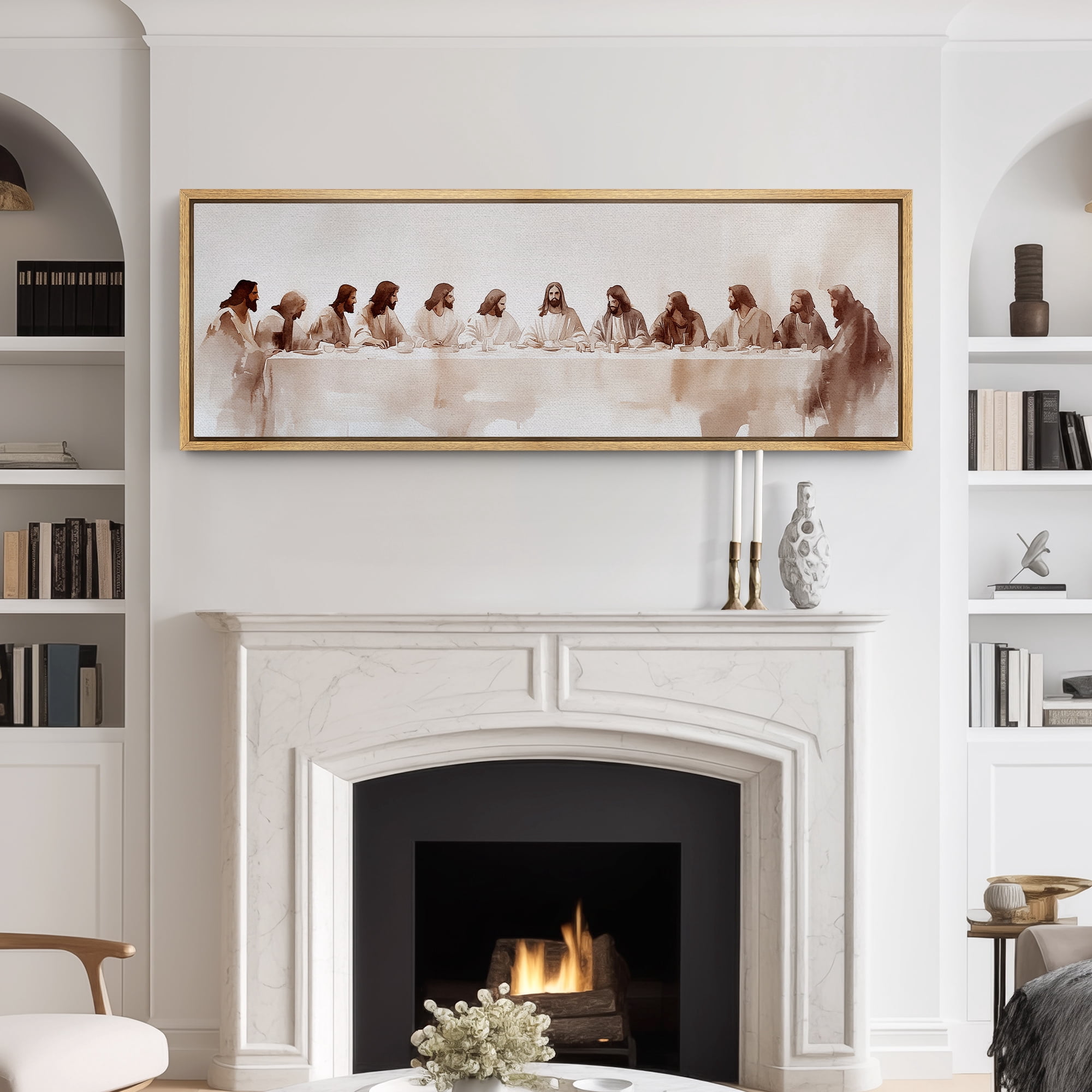 Large Framed Canvas Print Watercolor Last Supper Framed Canvas - Minimalist Religious Artwork Wall Art Decorative Ready to Hang Painting for Living room Bedroom - 60"x20" Natural Frame
