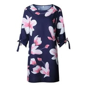 Summer Women Dress Floral Printing Half-sleeve O-neck Fashion Casual Dress dark blue 5XL