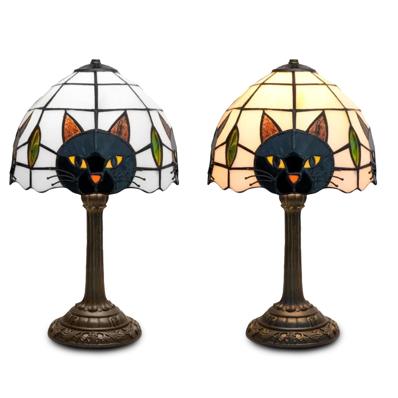 Black Cat Desk Lamp - Tiffany Style Stained Glass Black Cat Table Lamp with Bronze Base, Cute Cat Head Night Light for Bedroom Living Room Office, Vintage Animal Home Decor Lighting