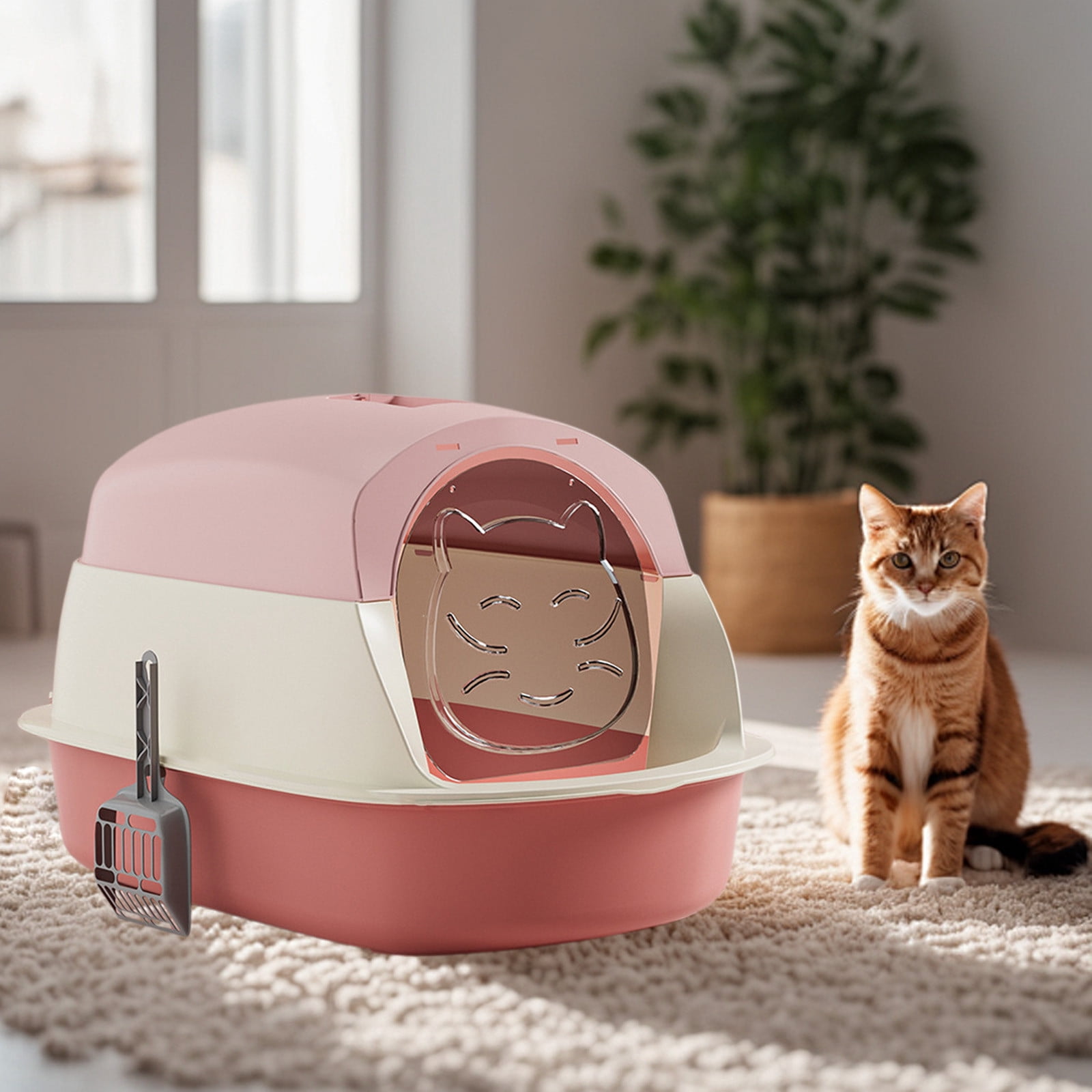Large Covered Litter Box with Lid, Fully Enclosed Cat Litter Pan, Splash Proof Toilet Tray with Shovel for Cats