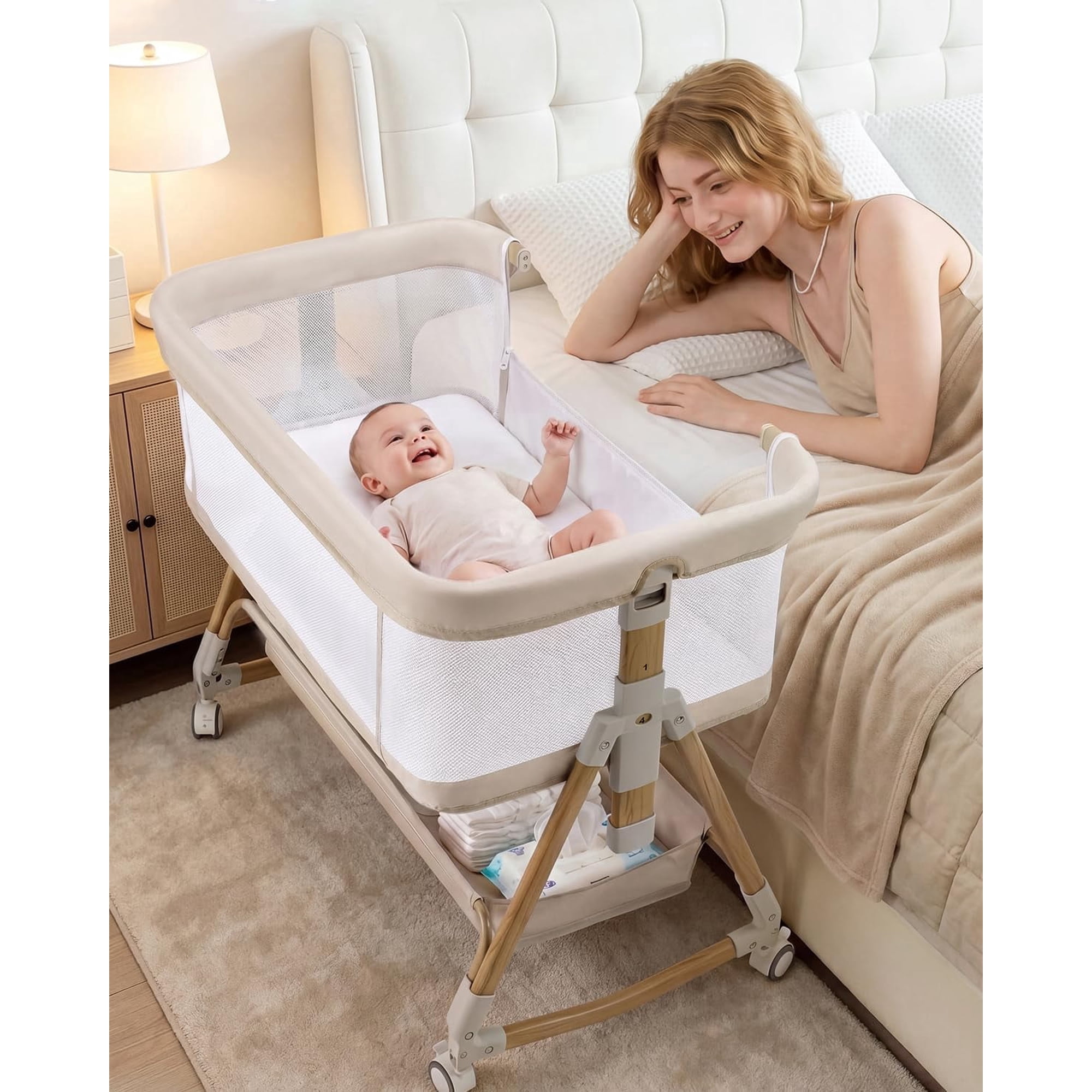 suihuooo 3 in 1 Baby Bassinet 6 Height Adjustable with Mattress and Breathable Mesh for Infants,Beige