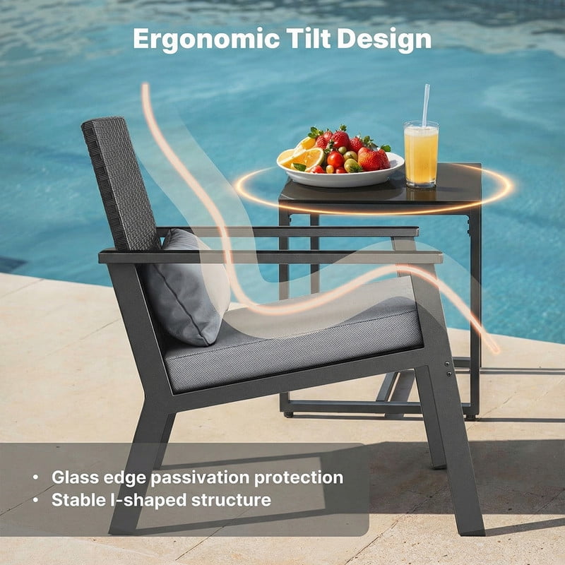 3-Piece Wicker Outdoor Patio Furniture Set with Glass Table, Ergonomic Chairs for Balcony, Porch, Garden & Poolside, Gray
