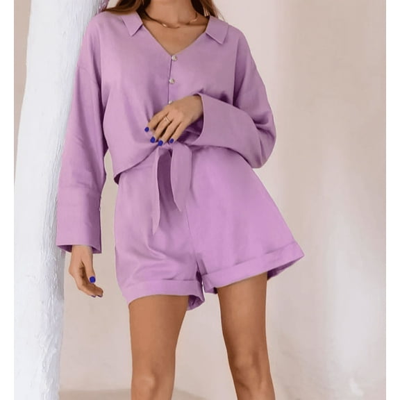 2022 Fall  Europe And The United States Early Autumn New Cotton And Linen Pajamas Pajamas Set Solid Color Fashion Temperament Ladies Home Clothing Can Be Worn Outside Purple S