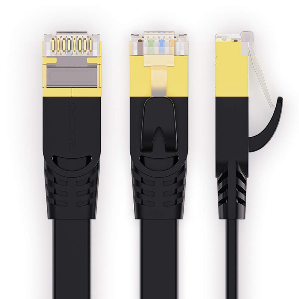 KOMI Flat Cat8 Ethernet Cable, 26AWG Cat 8 Network Internet Lan Cable High Speed 40Gbps 2000Mhz SFTP RJ45 Gold Plated Connector for PC, Router, Switch, Modem, TV, PS5 (Black, 20M/65FT)