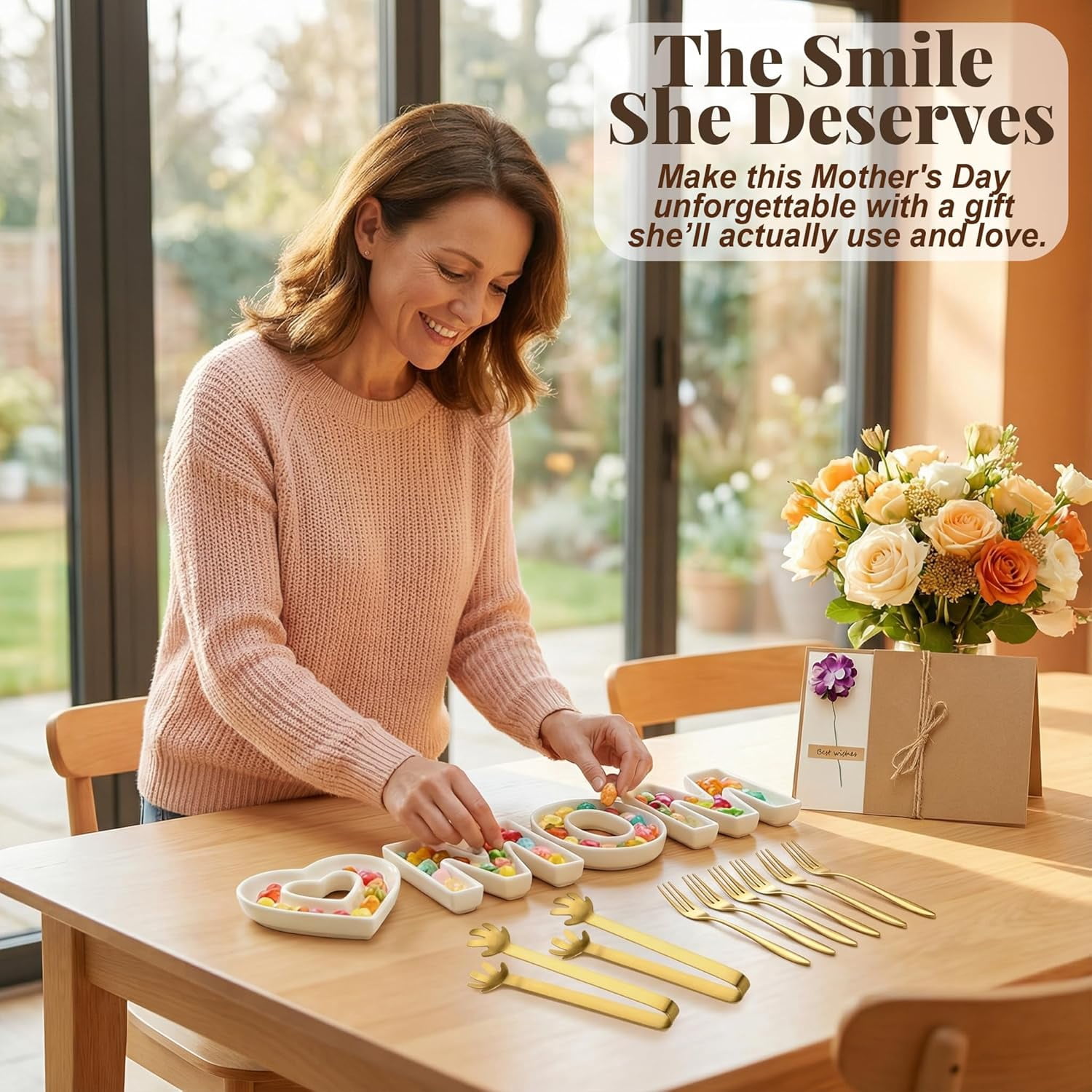 Mother’s Day & Birthday Gifts for Mom - Ceramic "MOM" Letter Candy Dishes & Charcuterie Board Set with 12 Gold Serving Utensils & 3D Greeting Card - Unique Table Decor for Party & Afternoon Tea