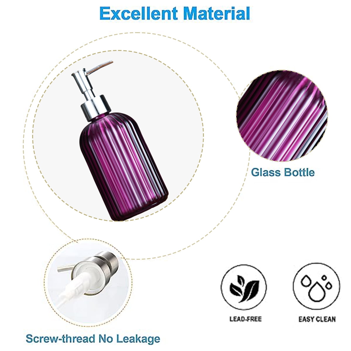 Clear Glass Soap Dispenser With Rust-Proof Stainless Steel Pump Refillable Bathroom - purple