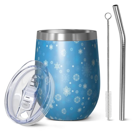 12oz Stemless Wine Tumblers Blue Christmas Snowflake Pattern Vacuum Insulated Stainless Steel Travel Tumbler Cups Mug with Lid and Straw for Champaign,Cocktail,Beer with Cleaning Brush