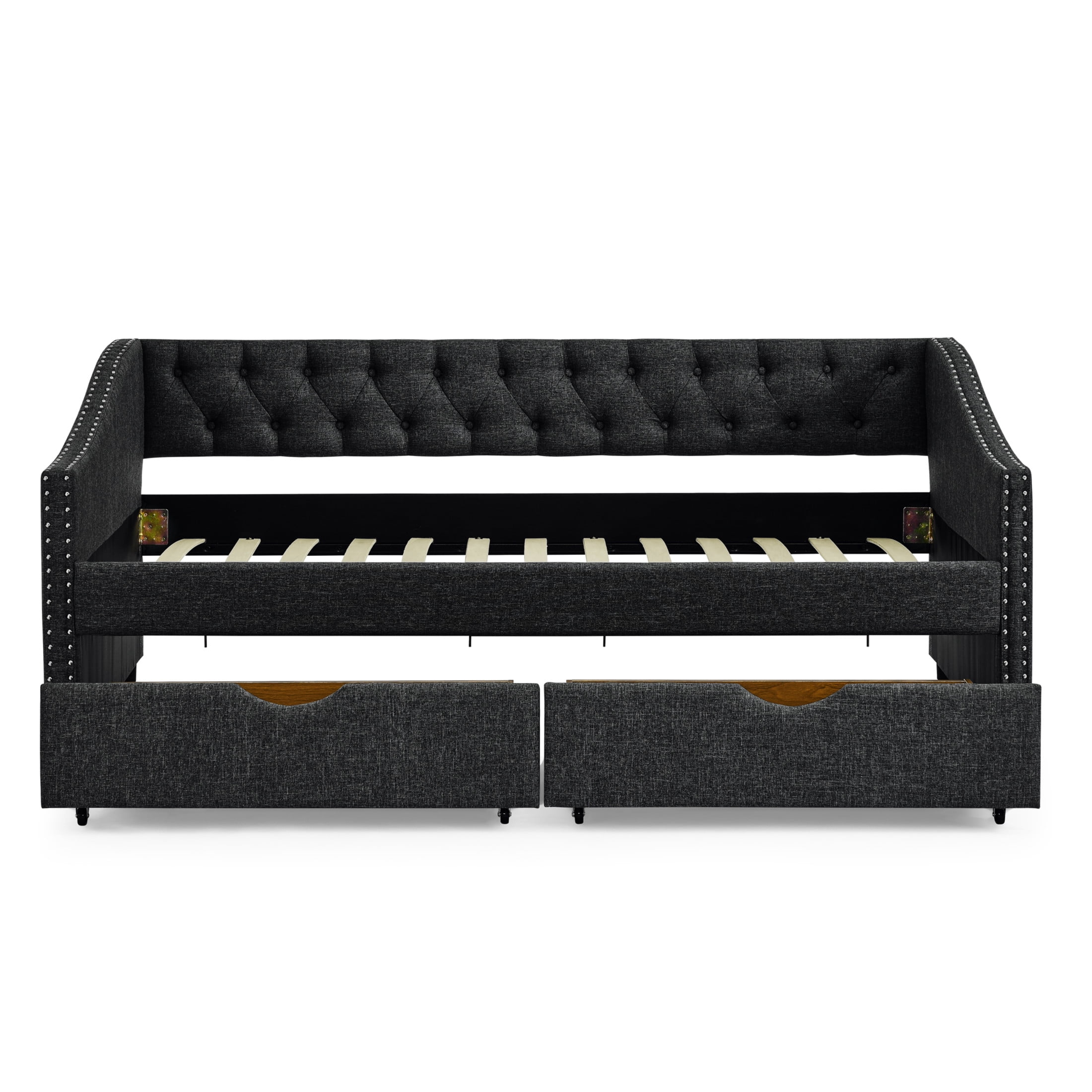 Noble House Twin Size Button Tufted Daybed, Linen Sofa Bed Frame with Storage Drawers and Nailhead Waved Arms, Dark Grey