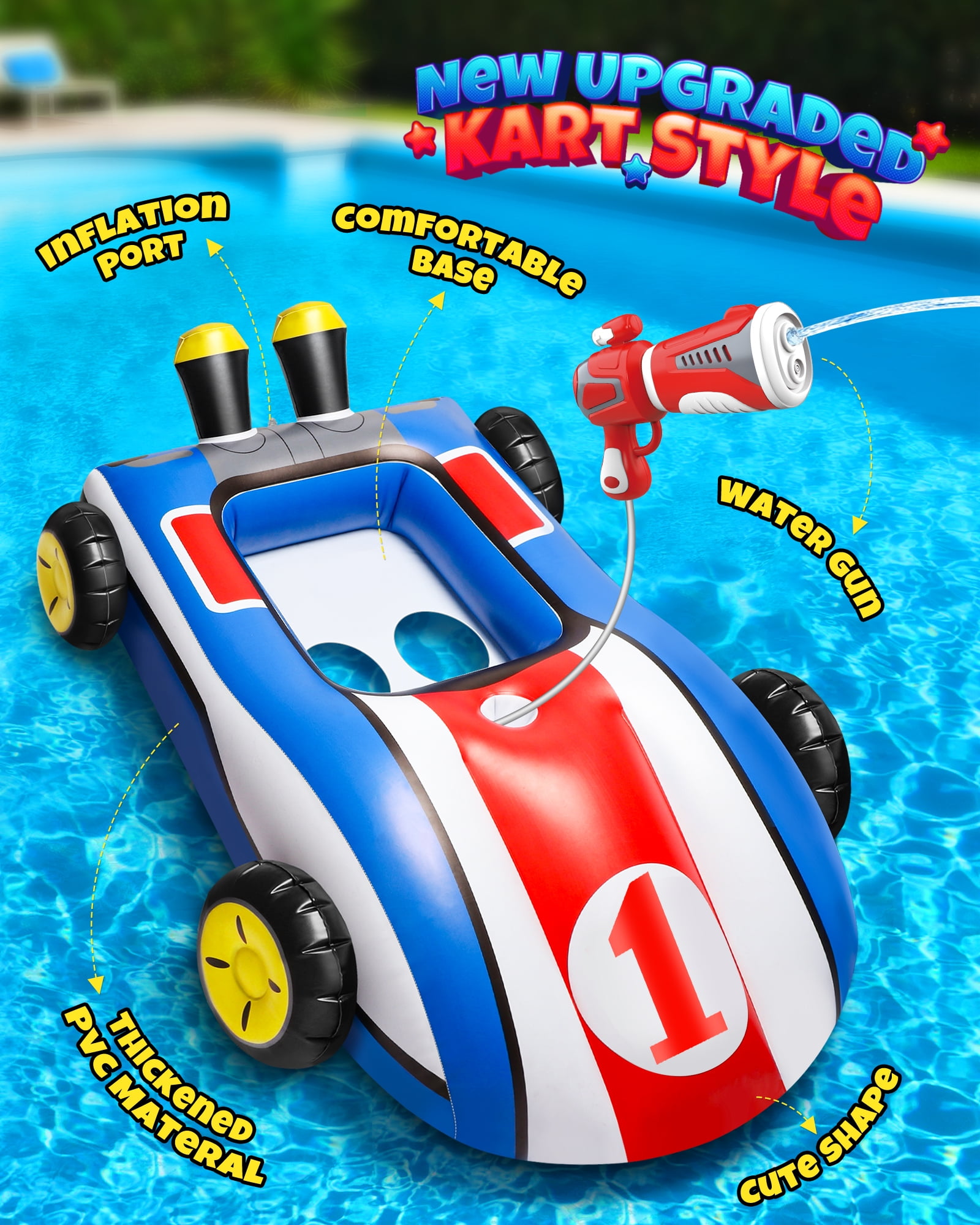 Hot Bee Inflatable Ride-on Pool Floats with Water Gun for Kids, Car Swimming Toys, Summer Outdoor Pool Game Toys for Ages 3-8, Toddler Pool Float Boys Girls 3 4 5 6+