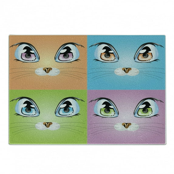 Cartoon Cutting Board, Colorful Big Cat Eye Images with Whiskers Loyal Life Companions Art, Decorative Tempered Glass Cutting and Serving Board, Small Size, Orange Purple Green, by Ambesonne