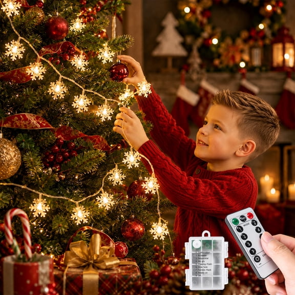 Christmas Lights, 23 Ft 60 LED Snowflake String Lights Battery Operated Waterproof, Warm White Fairy Lights for Indoor Outdoor Bedroom Patio Garden Xmas Tree Party Home Decorations