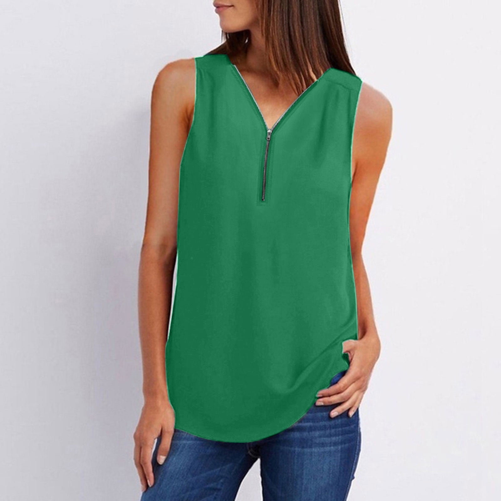 Women Tops Women's Summer Sleeveless Shirts Zip Casual Tunic V