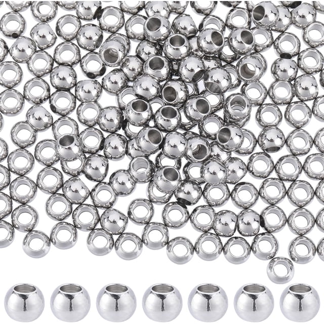 1 caja de 200 cuentas de acero inoxidable de 5 mm, espaciadoras redondas, sueltas, pequeñas, sin costuras, de metal sólido.