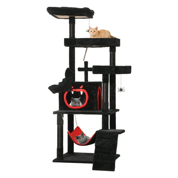 Uforic 63" Multi-Level Gothic Cat Tree Tower with Spider Hanging Balls and Hammock, Black Halloween