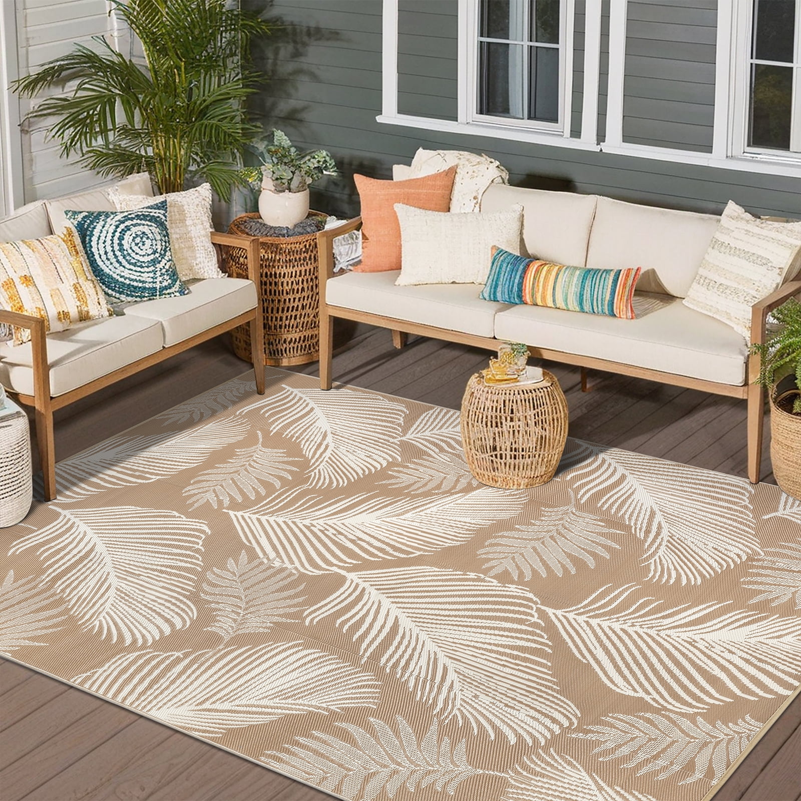 LOKHOM 6' x 9' Beige Outdoor Rug, Waterproof, UV-Resistant, Reversible Plastic Straw Rug for Patios, Porch, RV, Beach