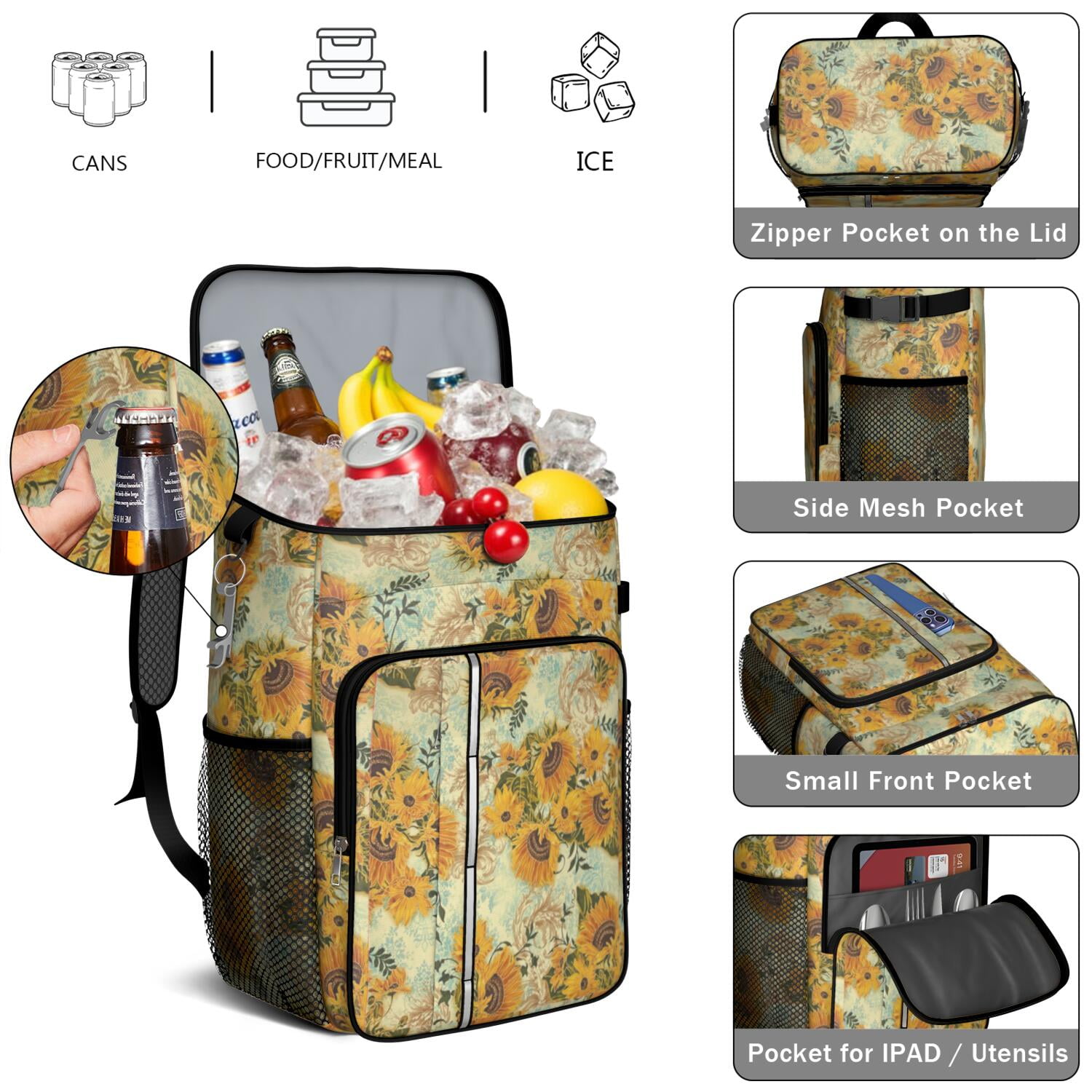 Travel Cooler Bag - Sunflower Camping Beer Cooler Backpack with Bottle Opener- Waterproof Insulated Picnic Backpacks - Cooler Bag for Beach