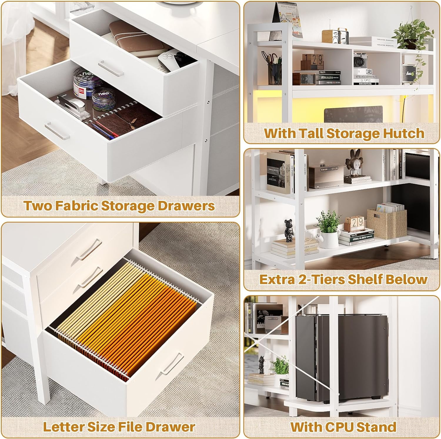 iSunirm L Shaped Gaming Desk with Storage, Computer Gaming Desk with LED Lights & Hutch, Reversible Computer Desk with Power Outlet, Corner Desk with Drawers, Shelves for Home, White