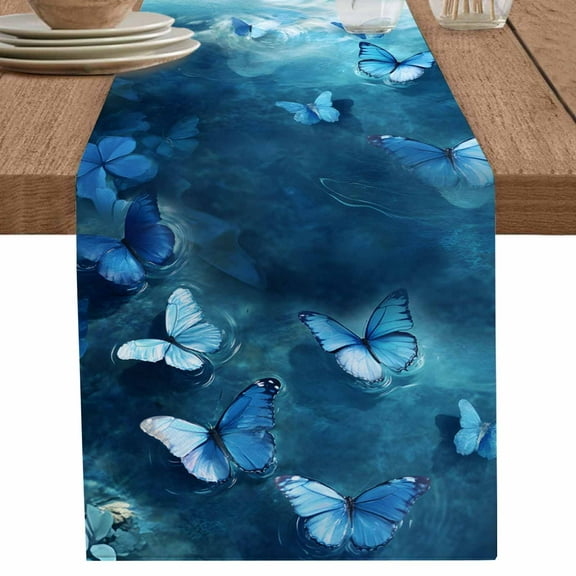 nqOlkjepod Blue Butterfly Table Runner 72 Inches Long Farmhouse Dress Scarves, Modern Elegant Water Ripples Dining Tablerunner for Coffee Table/Kitchen Island/Party Décor, 16" x 72"