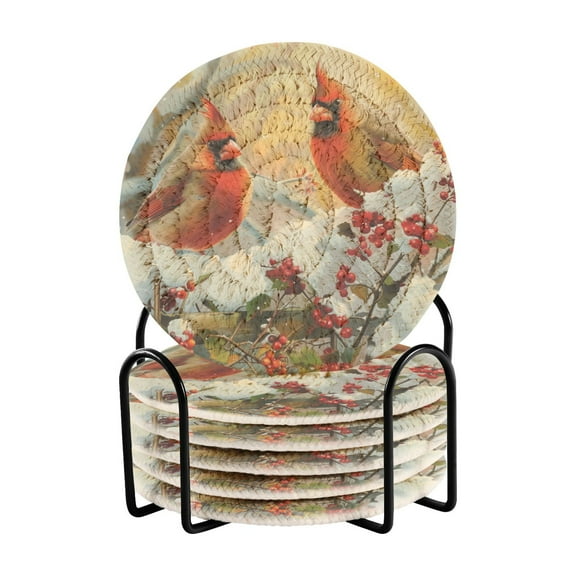 Cardinals Bird on Garden Fence Coasters with Holder for Coffee Table 6 Pcs Drink Coaster Sets Absorbent for Home Decor 4 inch
