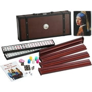 166 American Mahjong High-End Mahjong Suitcase Limited Edition Embedded Masterpiece Background 4 Wooden Pushers + Racks 166 Numbered Tiles Complete American Mahjong Set in Leather Suitcase Girl Pearl