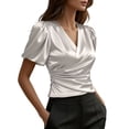 thumbnail image 3 of Sillenn Women's Satin V-Neck Blouse Puff Short Sleeve Wrap Front Ruched Waist Top Silky Slim Fit Elegant Satin Silk Shirt Dressy Casual Office Work Tops Trendy Going Out Cropped Blouses White Xl, 3 of 7