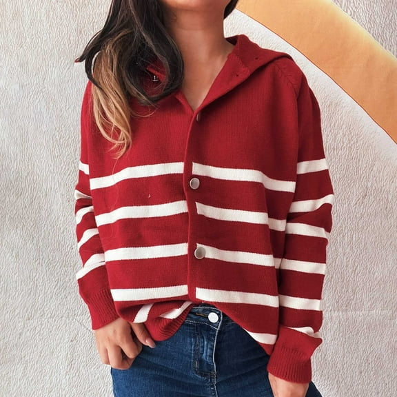 EchfiProm Sweaters for Women Button down V Neck Winter Red Knit Striped Cardigan Casual Long Sleeve Sweater Jacket