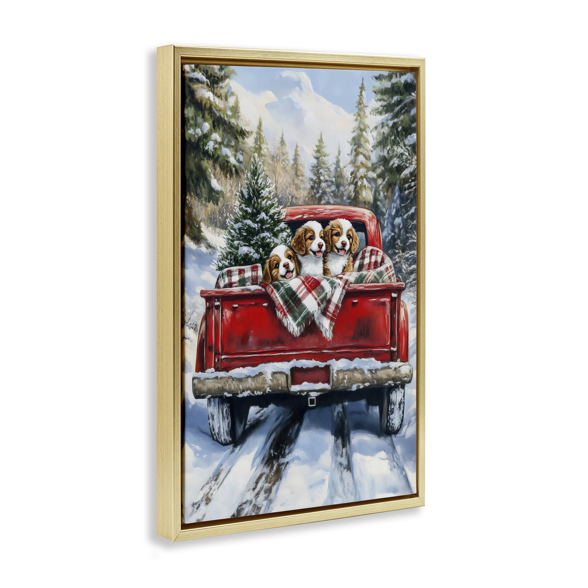 Christmas Truck Pups Trio Gold Framed Floater Canvas Wall Art, design by Petal Prints Design