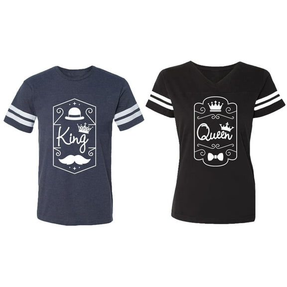 King Queen White Pentagon Matching Couple Cotton Jerseys (Men Navy / Women Black) (Men S / Women S)