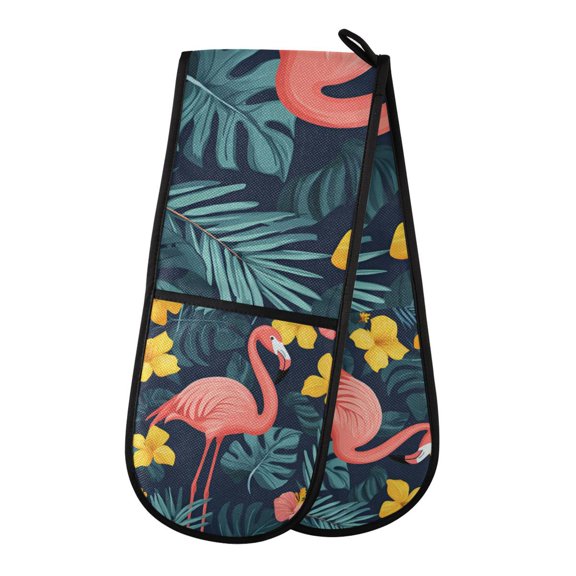 Yayeee Double Oven Mitt Kitchen Heat Resistant Baking 35" x7" Quilted Glove, Pink Floral Flamingo