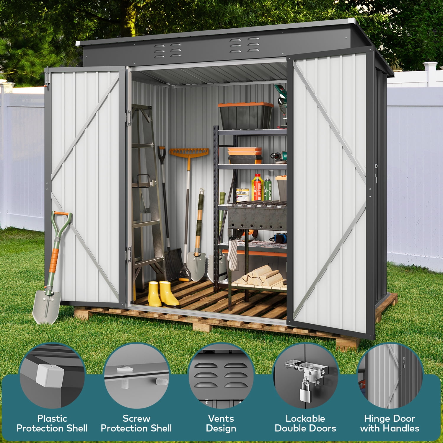 Storage Shed, Lofka 6x4 FT Outdoor Metal Shed, Lockable Double Doors Garden Tool Shed for Bike, Lawn Mower Storage, Waterproof Galvanized Steel, Grey