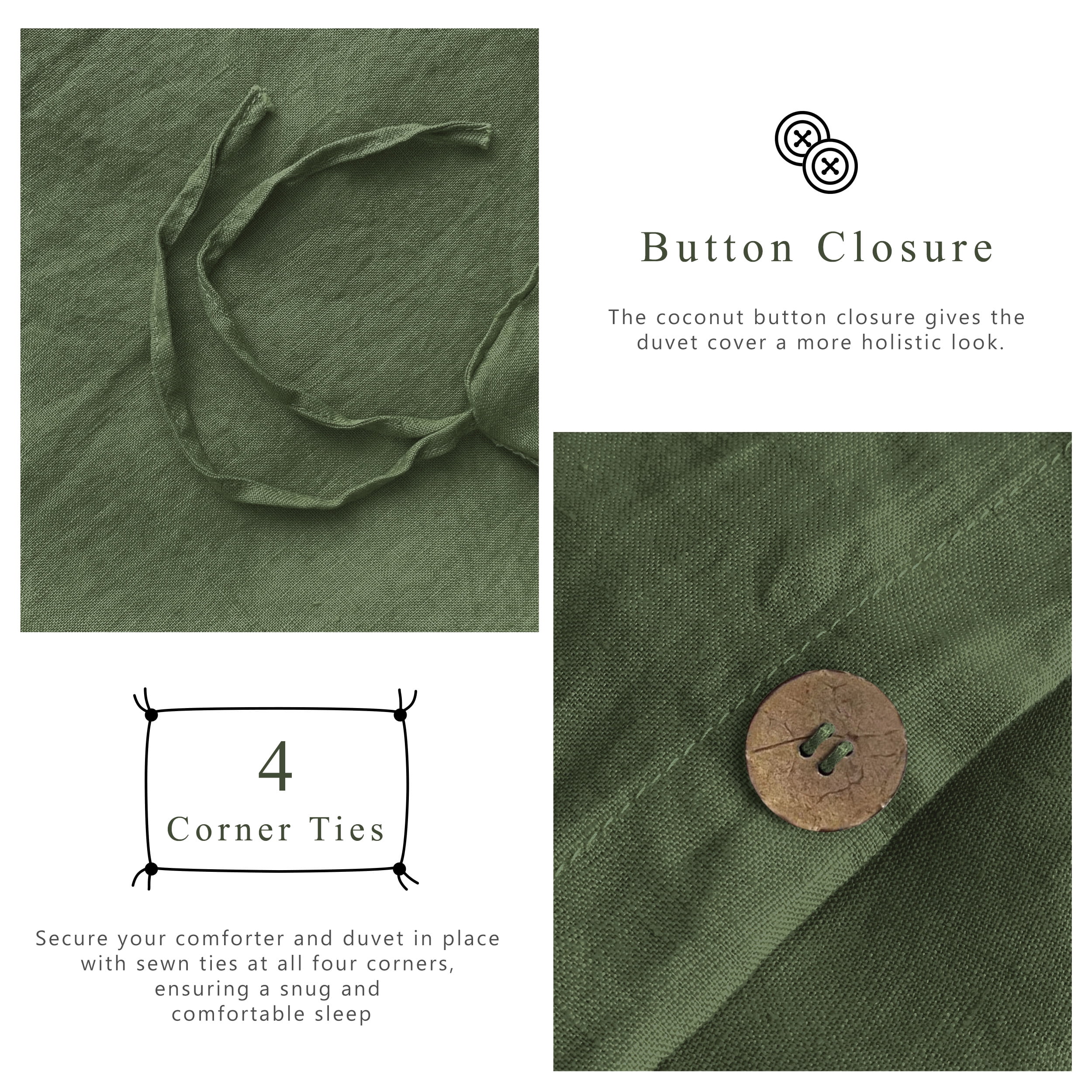 100% Pure Linen Duvet Cover with Button Closure and Corner Ties Soft & Breathable - Green Full/Queen